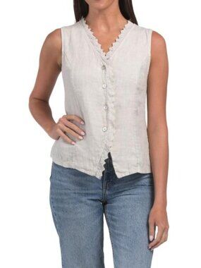 BELLAMBRA Made In Italy Linen Blend V-neck Embroidered Vest